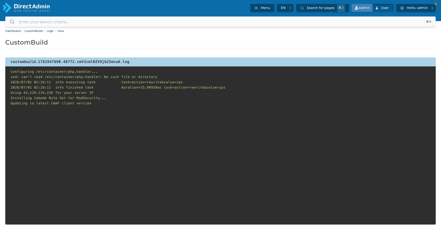 ภาพหน้าจอหน้า View Log ของ CustomBuild แสดง breadcrumb Logs View ชื่อไฟล์ log และข้อความผลลัพธ์จากคำสั่ง da build rewrite_confs
