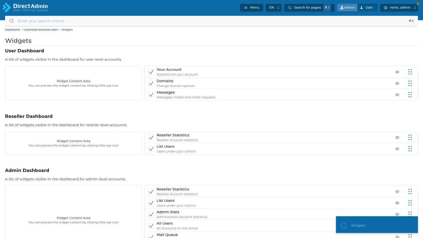 ภาพหน้าจอ Widgets ใน DirectAdmin แสดง checkbox และ handle จัดลำดับ widget สำหรับ User Dashboard Reseller Dashboard และ Admin Dashboard