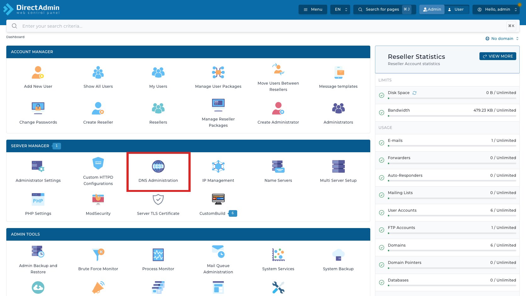 ภาพหน้าจอ DirectAdmin Admin Dashboard พร้อมกรอบสีแดงรอบเมนู DNS Administration สำหรับเข้าสู่เมนู DNS Administrator