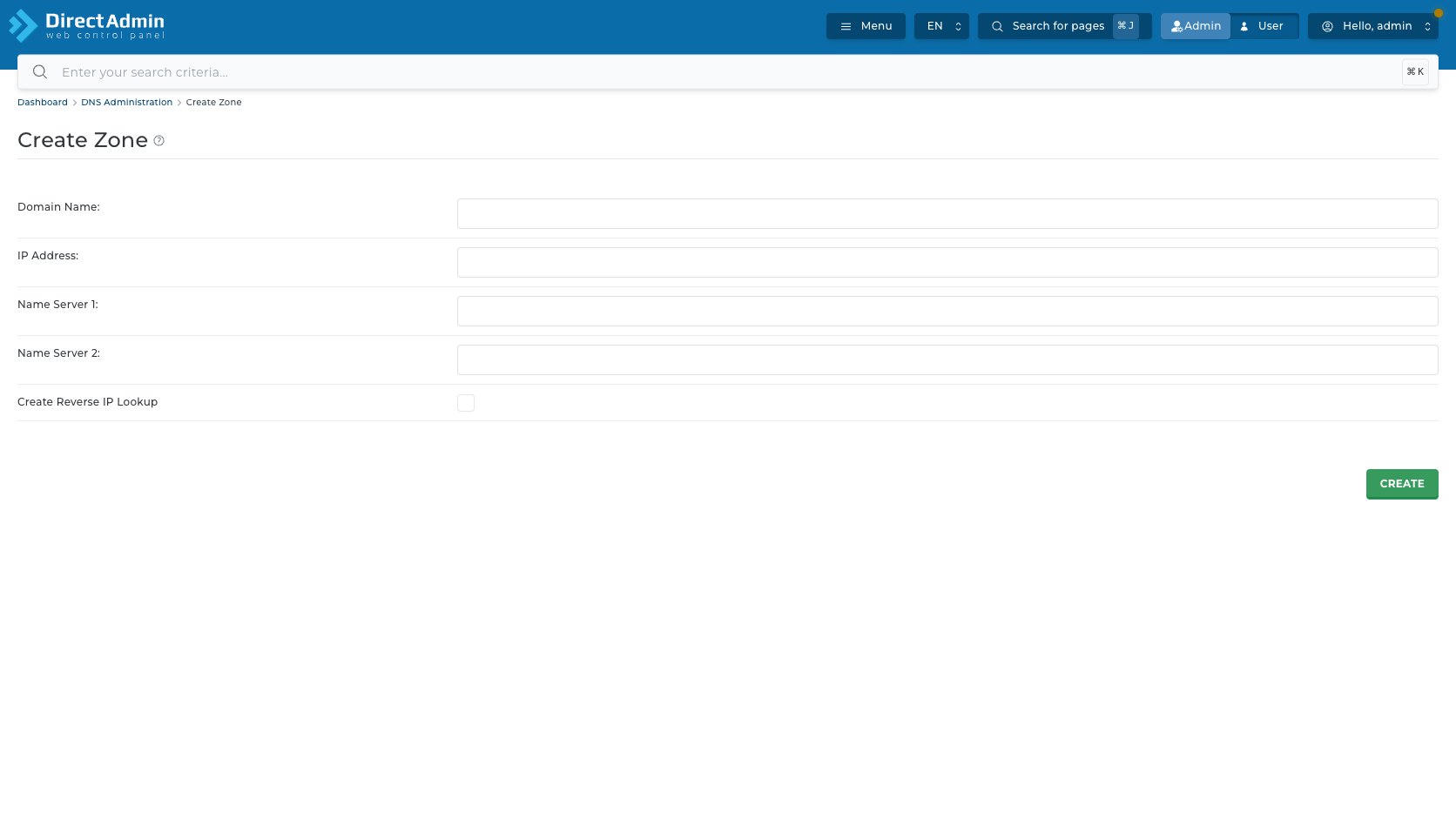 ภาพหน้าจอฟอร์ม Create Zone ใน DirectAdmin แสดง Domain Name IP Address Name Server 1 Name Server 2 Create Reverse IP Lookup และปุ่ม Create