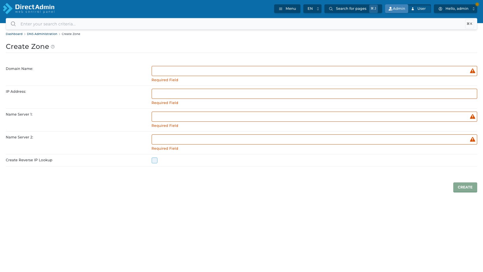 ภาพหน้าจอ Create Zone หลังคลิก Create โดยยังไม่กรอกข้อมูล แสดง Required Field ที่ Domain Name IP Address Name Server 1 และ Name Server 2