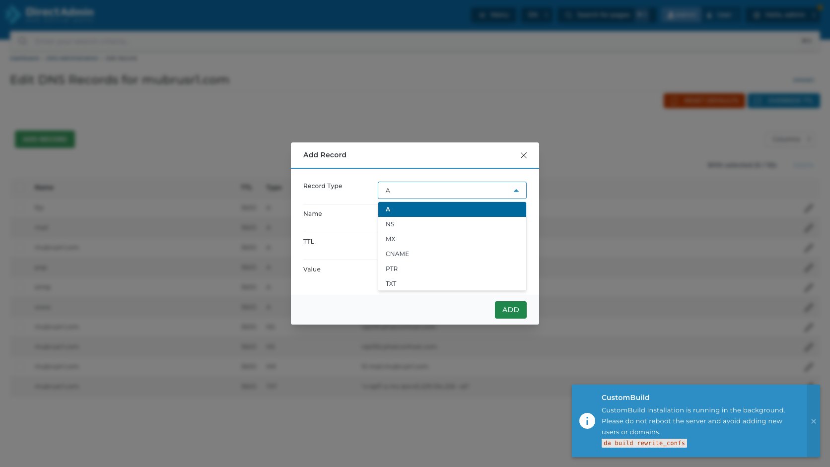 ภาพหน้าจอ modal Add Record ใน DirectAdmin ที่เปิด dropdown Record Type แสดง A NS MX CNAME PTR TXT SRV AAAA DS HTTPS และ SVCB
