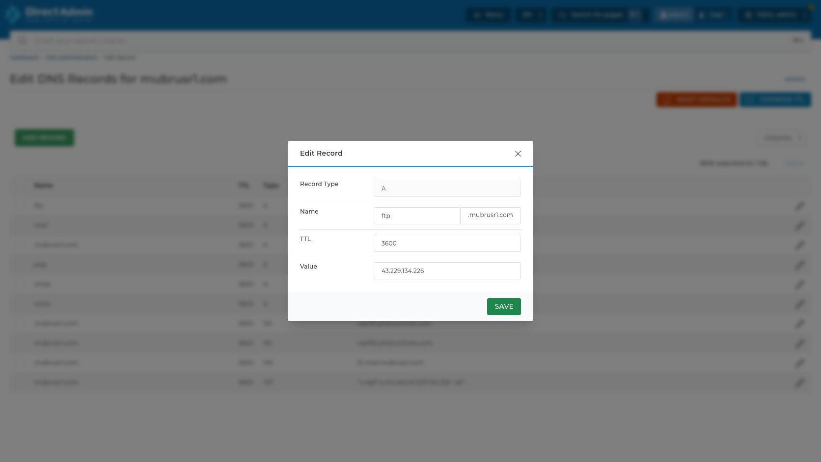 ภาพหน้าจอ modal Edit Record ใน DirectAdmin แสดง Record Type แบบ disabled ช่อง Name TTL Value และปุ่ม Save
