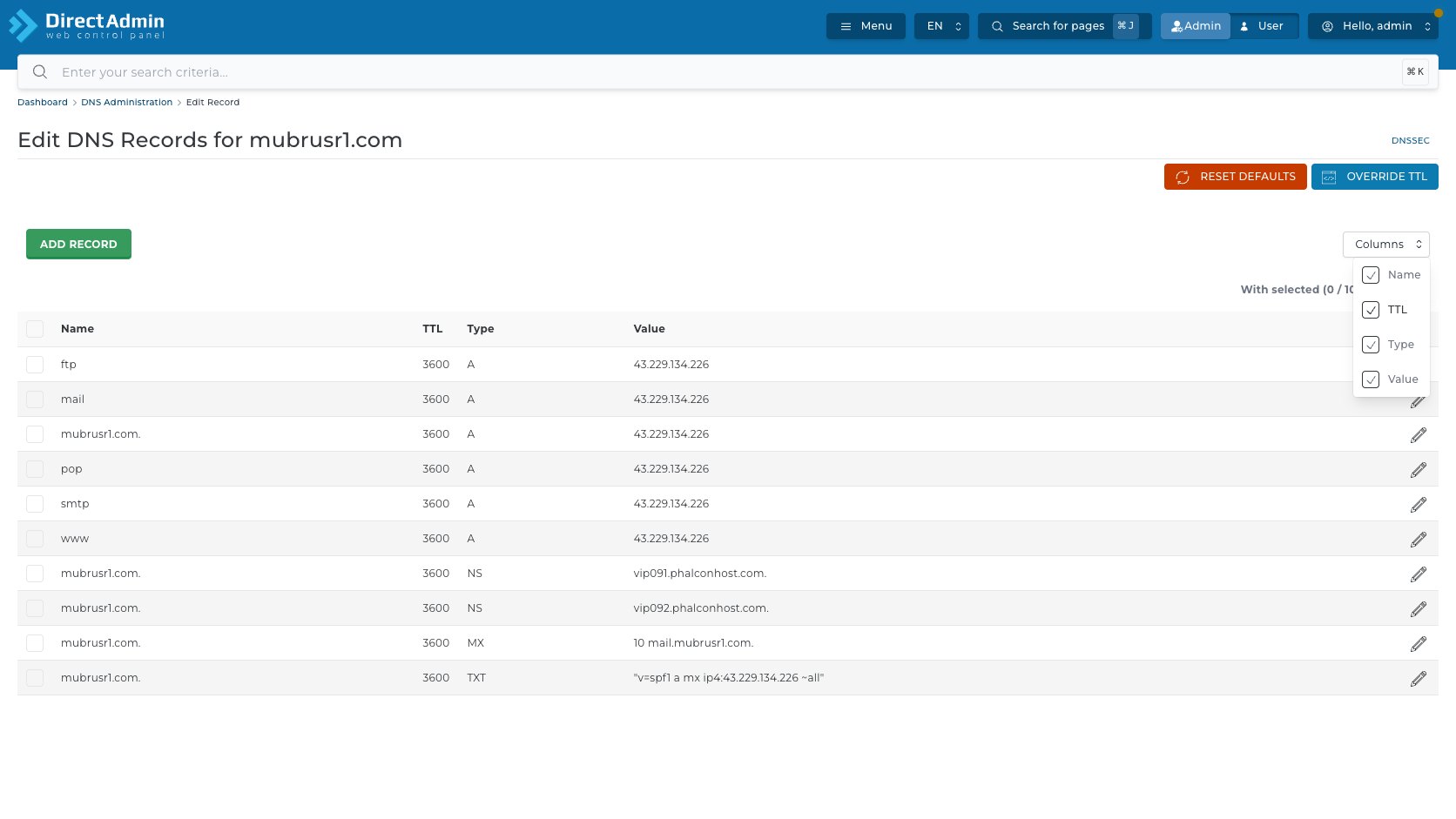 ภาพหน้าจอ Columns dropdown ในหน้า Edit DNS Records แสดงตัวเลือก Name TTL Type และ Value พร้อมตาราง DNS records
