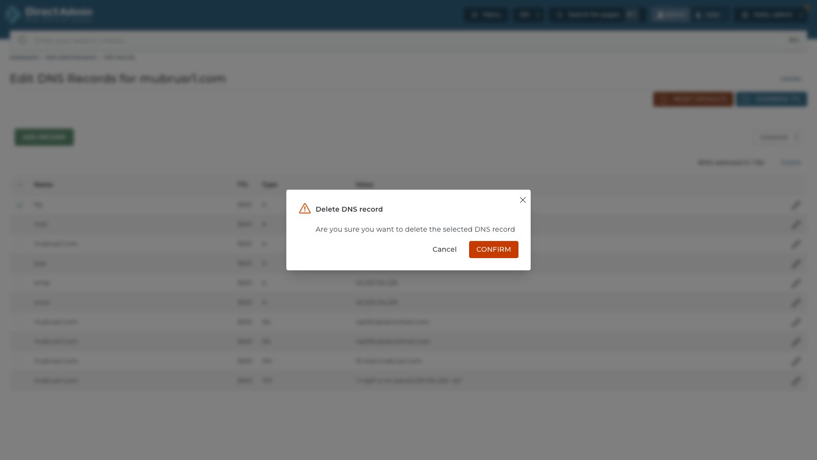 ภาพหน้าจอ confirmation Delete DNS record ใน DirectAdmin หลังเลือก DNS record และกด Delete พร้อมปุ่ม Cancel และ Confirm