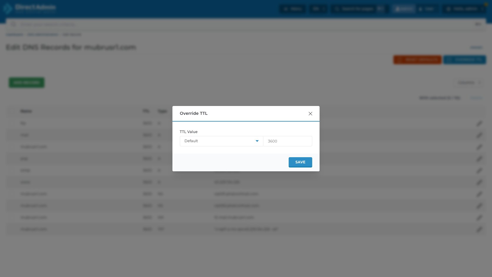 ภาพหน้าจอ modal Override TTL ใน DirectAdmin แสดง TTL Value dropdown ค่า Default ช่อง TTL 3600 และปุ่ม Save