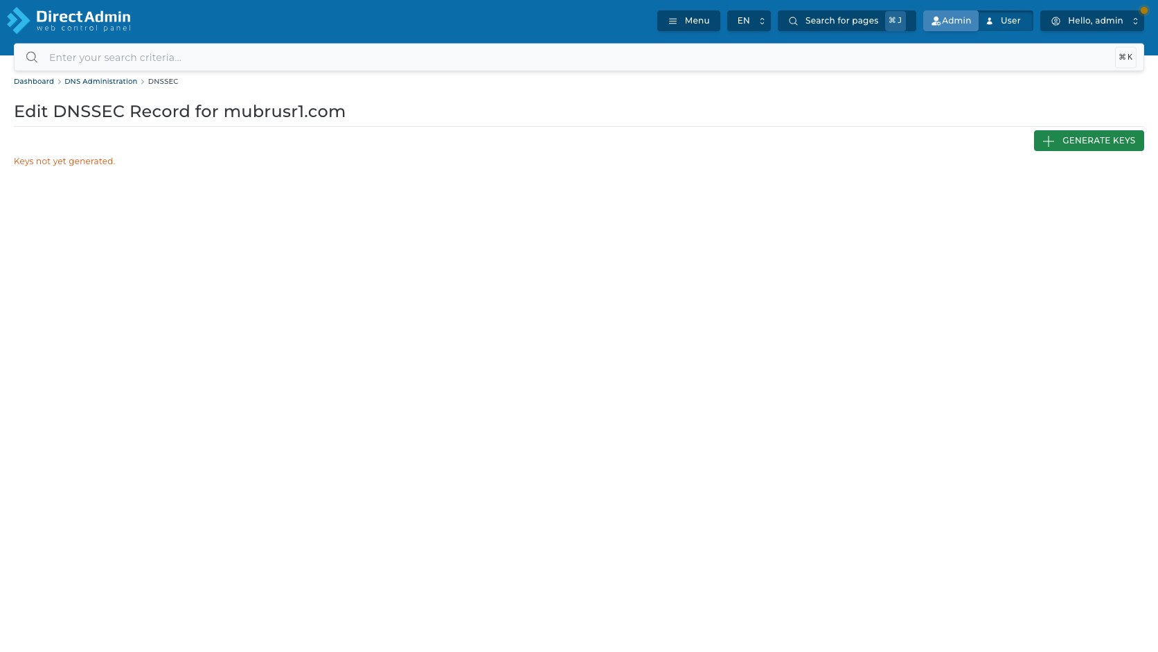 ภาพหน้าจอหน้า DNSSEC ใน DirectAdmin แสดง Edit DNSSEC Record for domain ปุ่ม Generate Keys และข้อความ Keys not yet generated