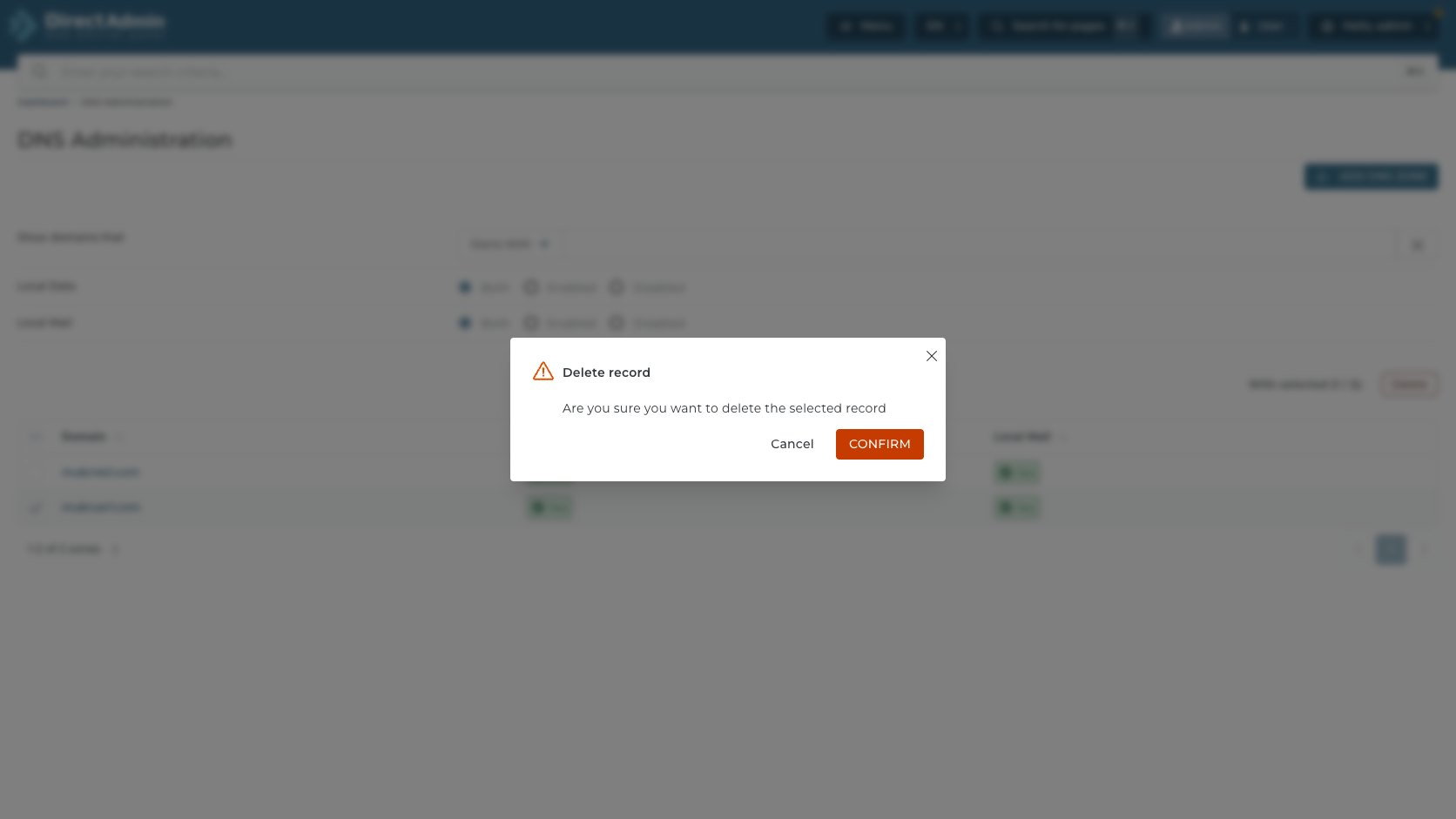 ภาพหน้าจอ confirmation Delete record จากหน้ารวม DNS Administration หลังเลือก DNS zone พร้อมปุ่ม Cancel และ Confirm