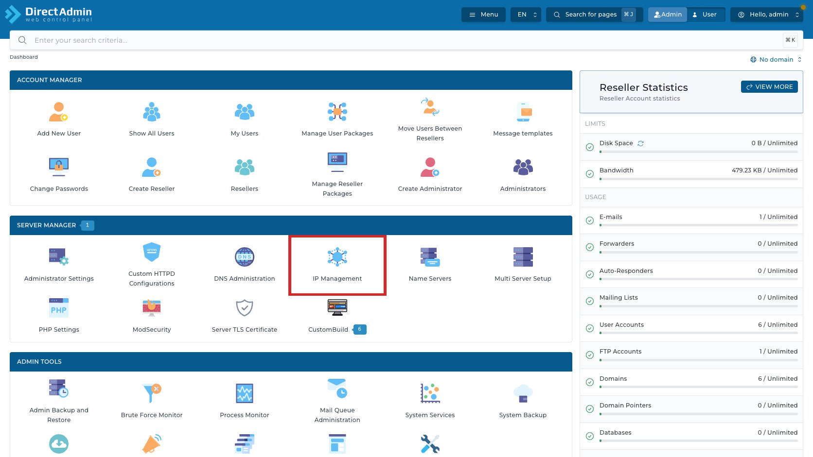ภาพหน้าจอ DirectAdmin Admin Dashboard พร้อมกรอบสีแดงรอบเมนู IP Management ในกลุ่ม Server Manager