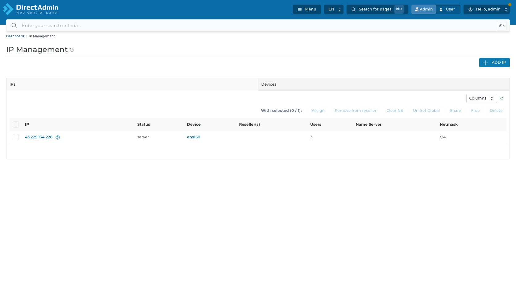 ภาพหน้าจอหน้า IP Management แสดง breadcrumb help icon ปุ่ม Add IP tab IPs Devices Columns Reload Table With selected และตาราง IP