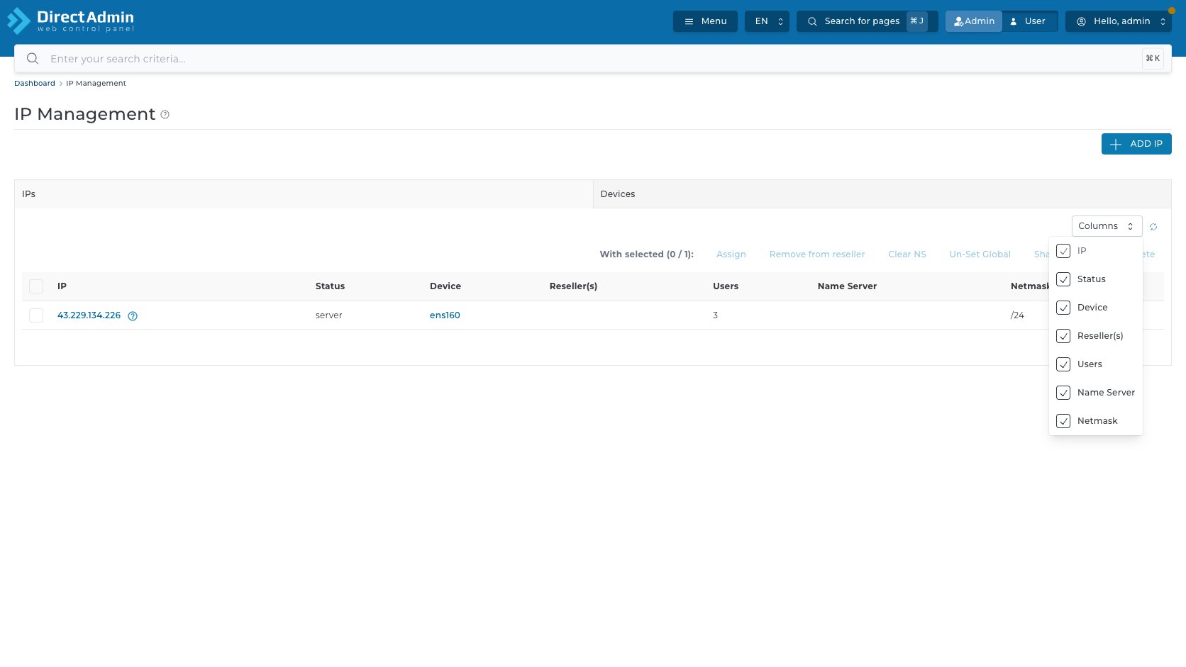 ภาพหน้าจอ Columns dropdown ในหน้า IP Management แสดงตัวเลือก IP Status Device Reseller Users Name Server และ Netmask