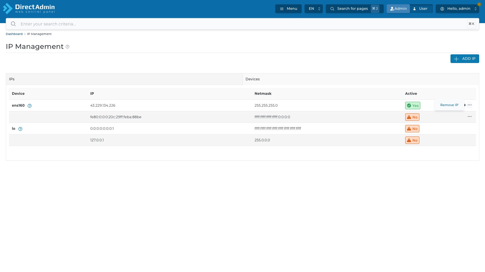 ภาพหน้าจอ action popover ใน tab Devices ของ DirectAdmin IP Management ที่แสดงคำสั่ง Remove IP สำหรับ IP บนอุปกรณ์ ens160