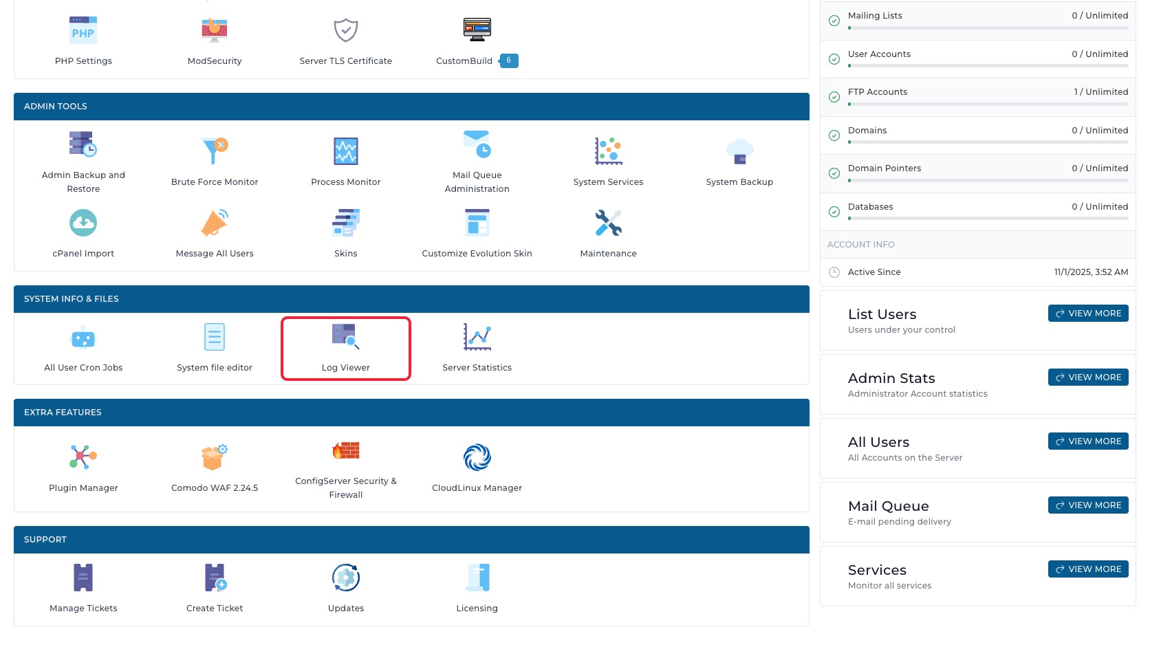 ภาพหน้าจอ DirectAdmin Admin Dashboard พร้อมกรอบสีแดงรอบเมนู Log Viewer ในกลุ่ม System Info & Files