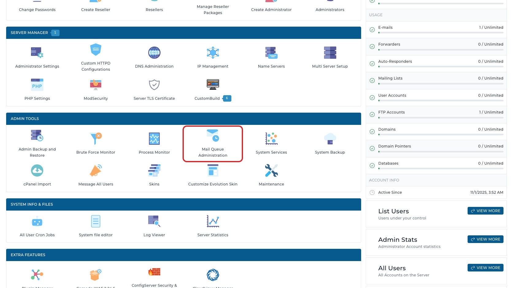 ภาพหน้าจอ DirectAdmin Admin Dashboard พร้อมกรอบสีแดงรอบเมนู Mail Queue Administration ในกลุ่ม Admin Tools