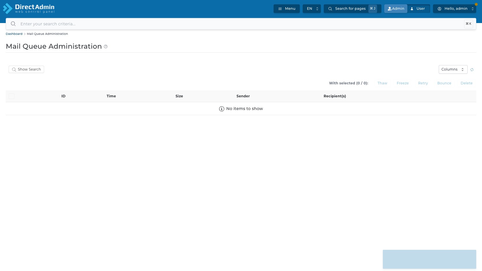 ภาพหน้าจอหน้าหลัก Mail Queue Administration แสดง breadcrumb help icon ปุ่ม Show Search Columns Reload Table แถบ With selected และตารางคิวเมลว่าง