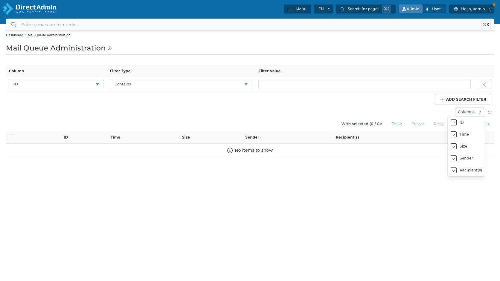 ภาพหน้าจอแผง Search และ Columns dropdown ในหน้า Mail Queue Administration แสดง filter Column Filter Type Filter Value และคอลัมน์ ID Time Size Sender Recipient