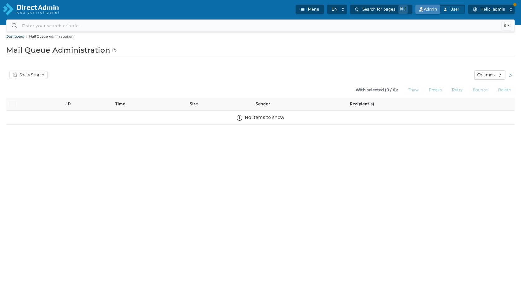 ภาพหน้าจอแถบ With selected ในหน้า Mail Queue Administration ที่ปุ่ม Thaw Freeze Retry Bounce และ Delete ถูกปิดใช้งานเพราะไม่มีรายการคิว