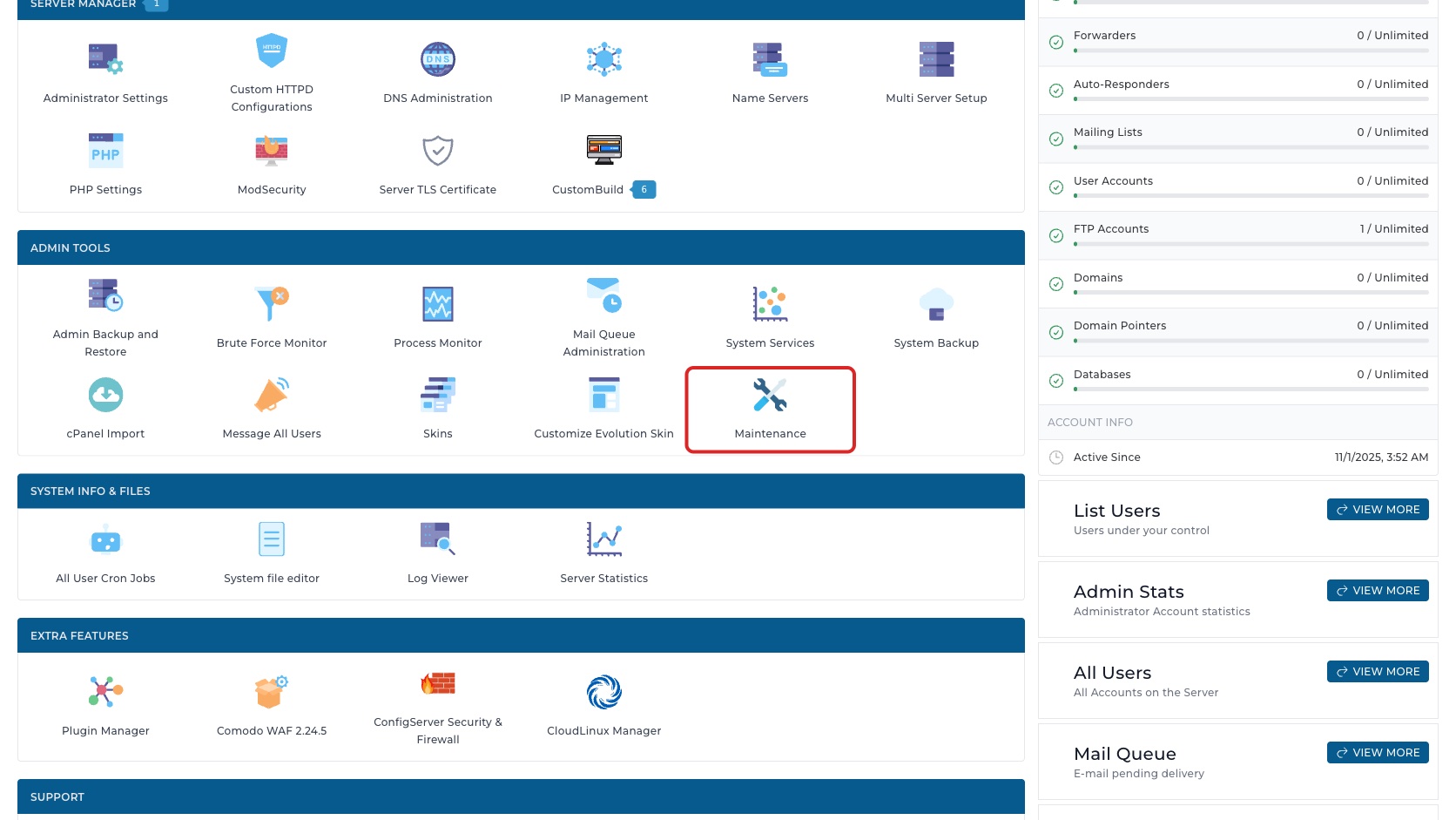 ภาพหน้าจอ DirectAdmin Admin Dashboard พร้อมกรอบสีแดงรอบเมนู Maintenance ในกลุ่ม Admin Tools