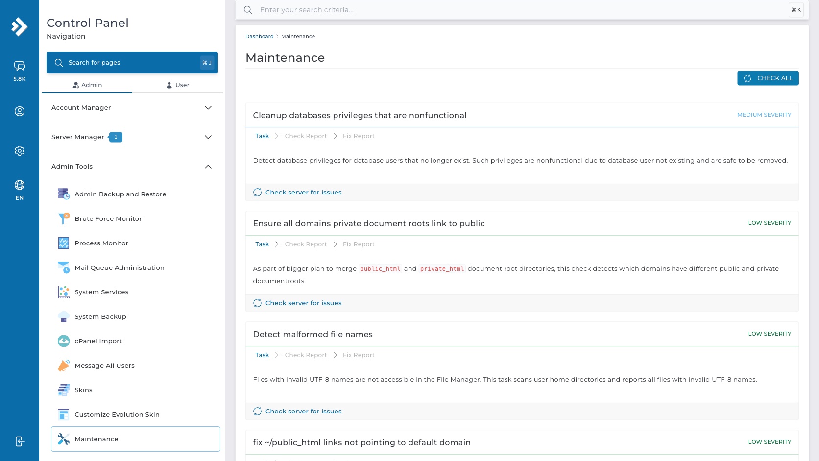 ภาพหน้าจอ Maintenance task card แสดง Task Check Report Fix Report severity Medium Low และปุ่ม Check server for issues