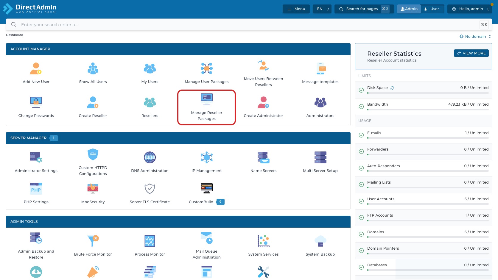 ภาพหน้าจอ DirectAdmin Admin Dashboard พร้อมกรอบสีแดงรอบเมนู Manage Reseller Packages ในกลุ่ม Account Manager