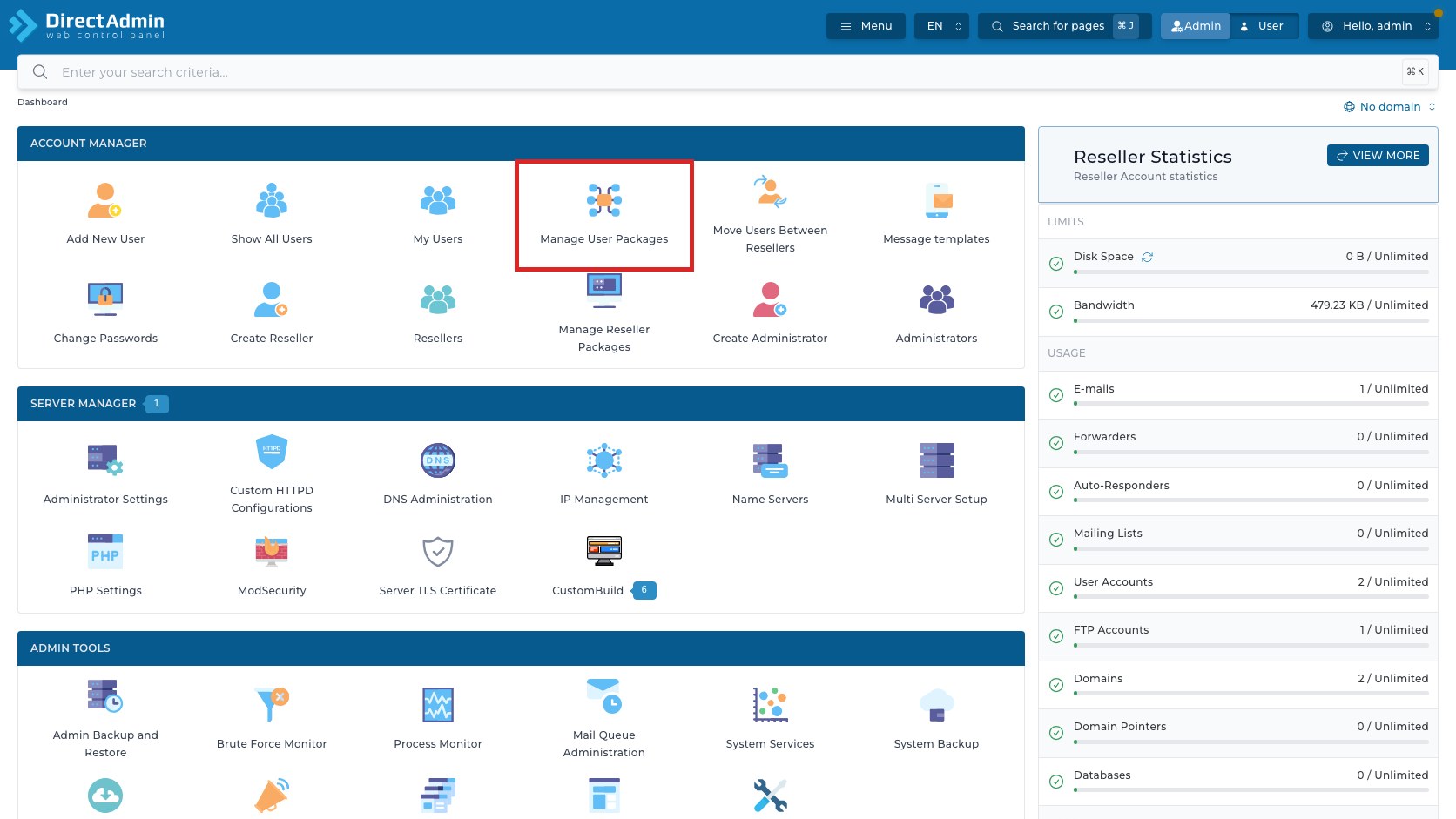 ภาพหน้าจอ DirectAdmin Admin Dashboard พร้อมกรอบสีแดงรอบเมนู Manage User Packages ในกลุ่ม Account Manager