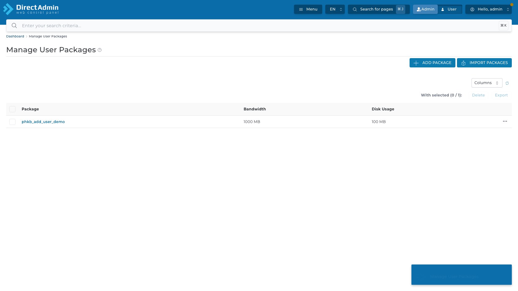 ภาพหน้าจอหน้า Manage User Packages ที่แสดง breadcrumb ปุ่ม Add Package Import Packages Columns Reload Table checkbox และตาราง Package Bandwidth Disk Usage