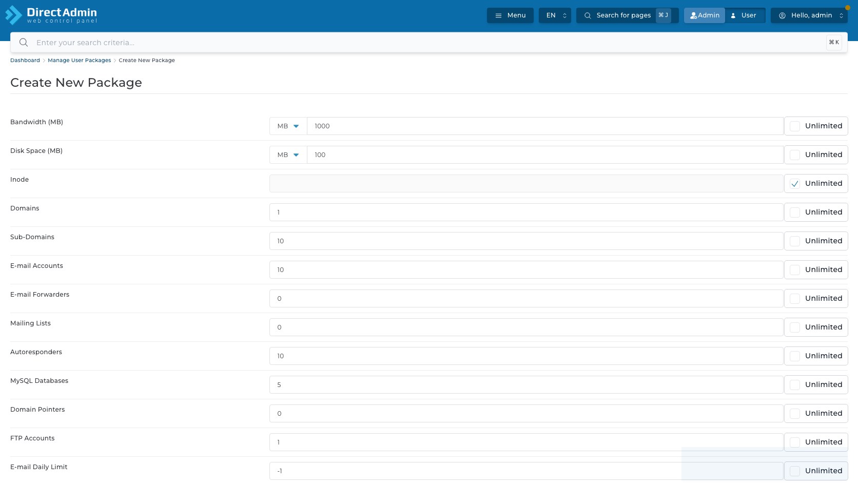 ภาพหน้าจอหน้า Create New Package ใน DirectAdmin แสดงช่อง Bandwidth Disk Space Inode Domains Sub-Domains E-mail Accounts MySQL Databases FTP Accounts และ Unlimited checkbox