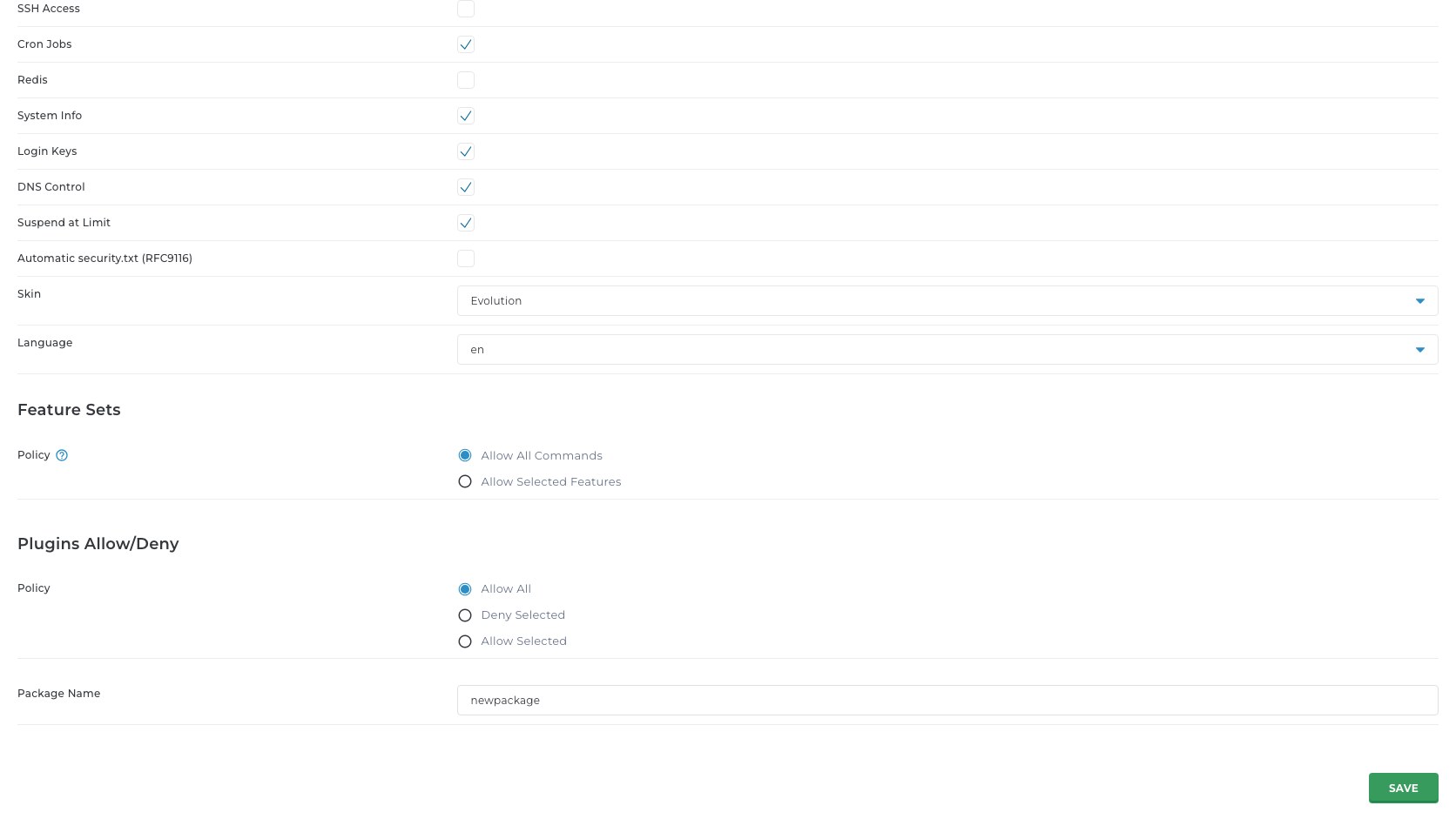 ภาพหน้าจอส่วนล่างของฟอร์ม Create New Package ที่แสดง feature checkbox Skin Language Feature Sets Plugins Allow Deny Package Name และปุ่ม Save