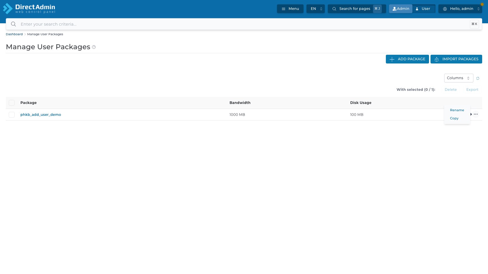 ภาพหน้าจอ row actions ของ package ใน DirectAdmin Manage User Packages ที่เปิดเมนู Rename และ Copy จากปุ่มสามจุดท้ายแถว