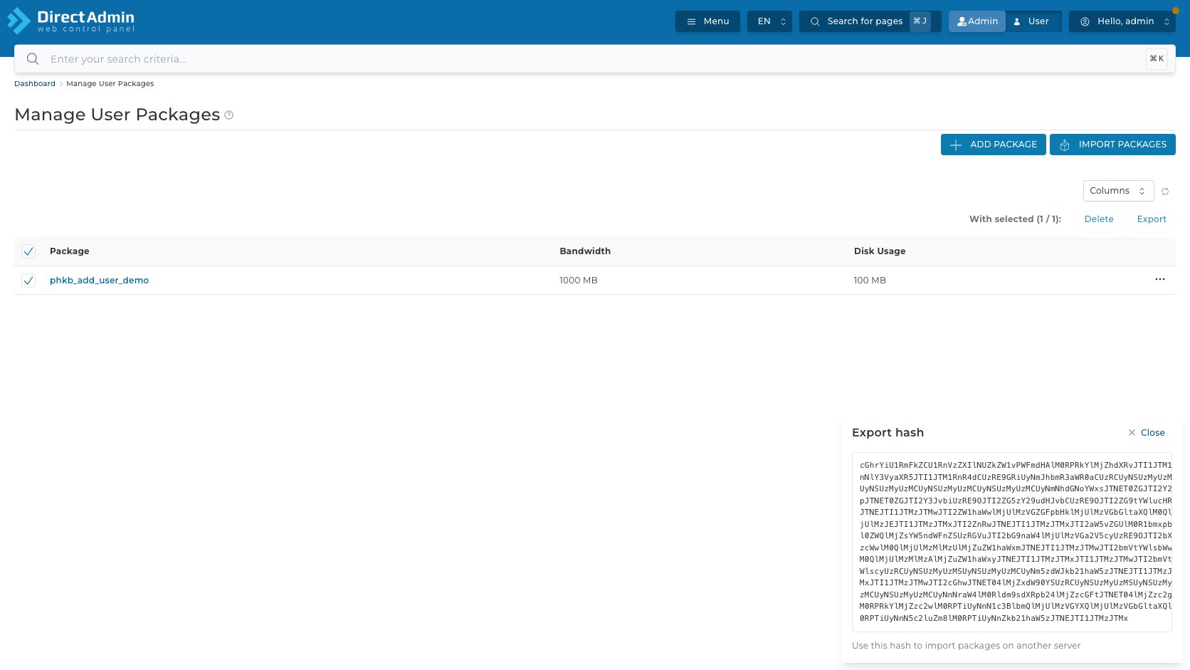 ภาพหน้าจอ modal Export hash ใน DirectAdmin Manage User Packages หลังเลือก package และกด Export