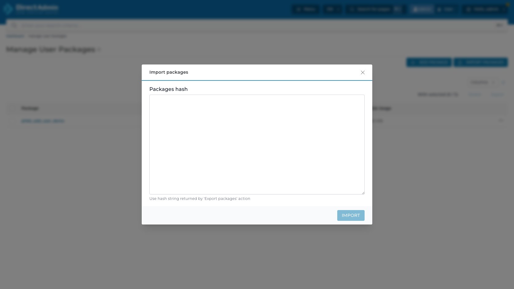 ภาพหน้าจอ modal Import packages ใน DirectAdmin ที่มี field Packages hash ข้อความช่วยเหลือ และปุ่ม Import
