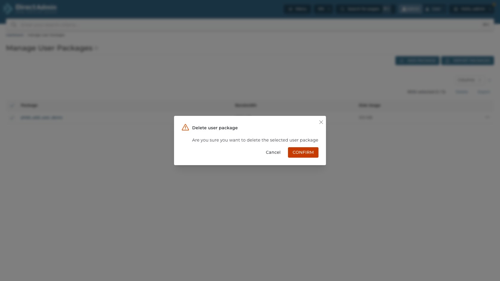 ภาพหน้าจอ confirmation Delete user package ใน DirectAdmin พร้อม warning icon ข้อความยืนยัน ปุ่ม Cancel และ Confirm