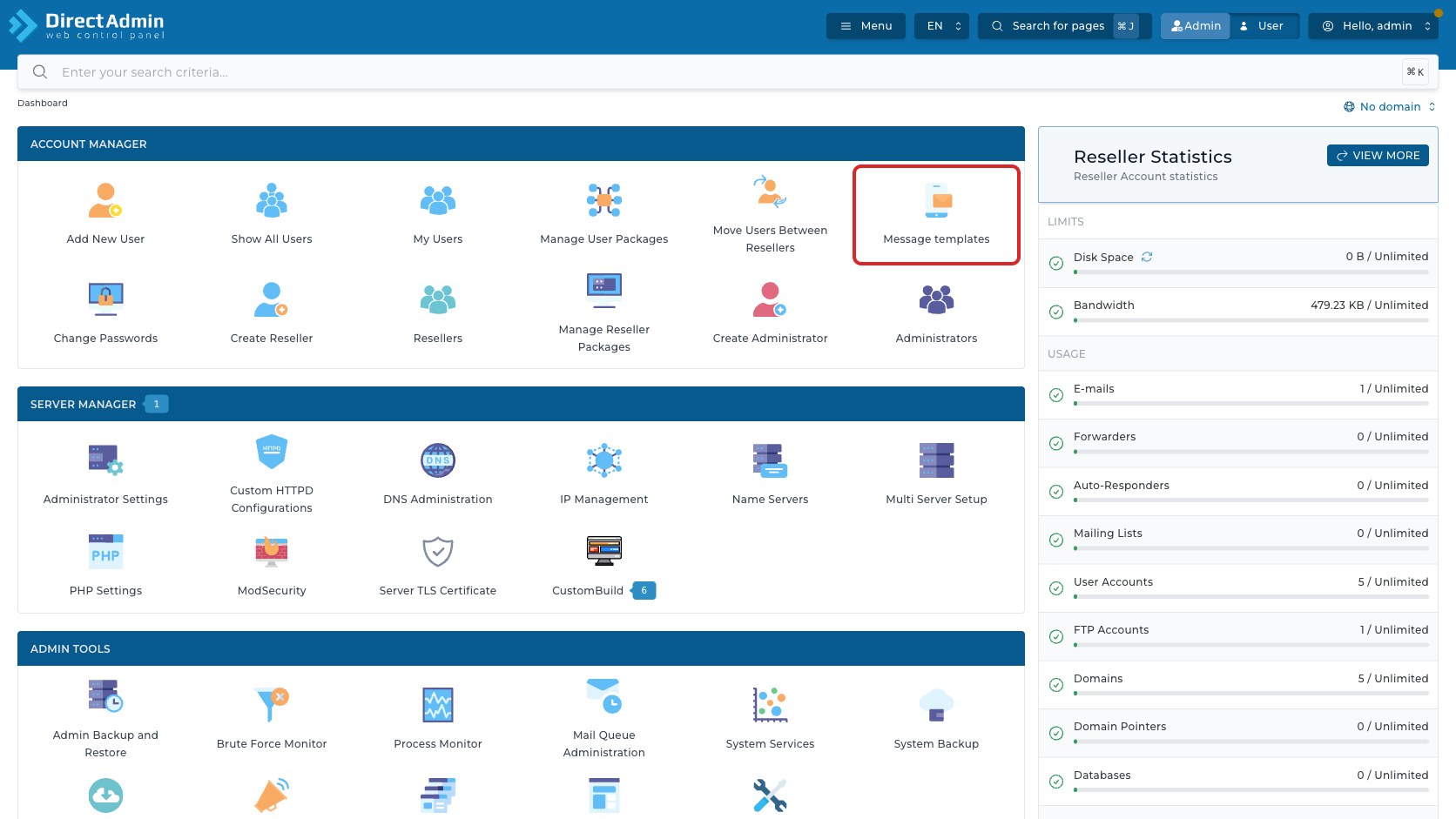 ภาพหน้าจอ DirectAdmin Admin Dashboard ที่ใส่กรอบสีแดงรอบเมนู Message templates ในกลุ่ม Account Manager