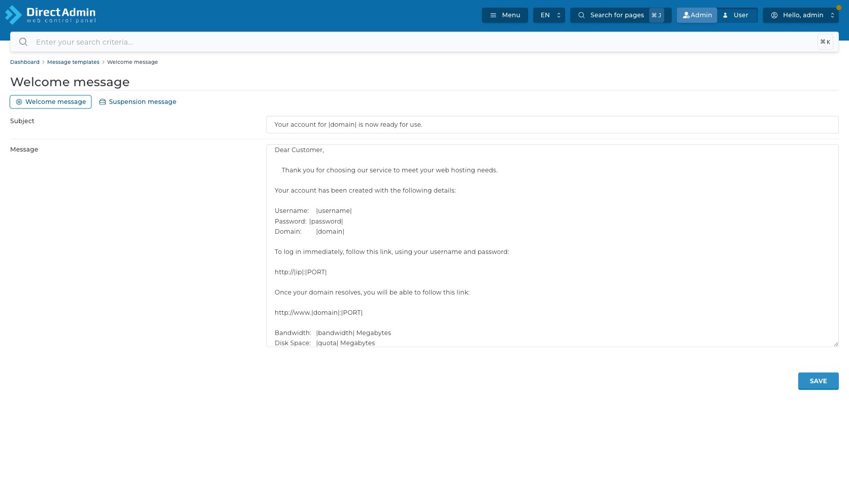 ภาพหน้าจอหน้า Welcome message ใน DirectAdmin แสดง breadcrumb Message templates tab Welcome message Suspension message ช่อง Subject Message และปุ่ม Save