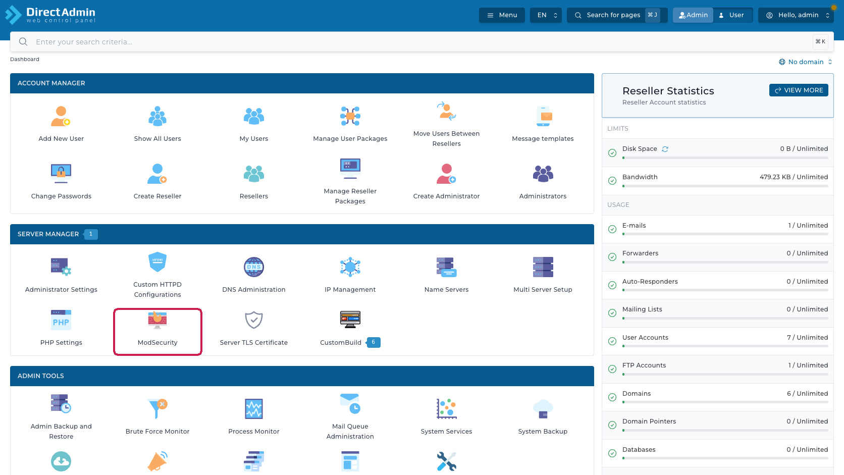 ภาพหน้าจอ DirectAdmin Admin Dashboard พร้อมกรอบสีแดงรอบเมนู ModSecurity ในกลุ่ม Server Manager