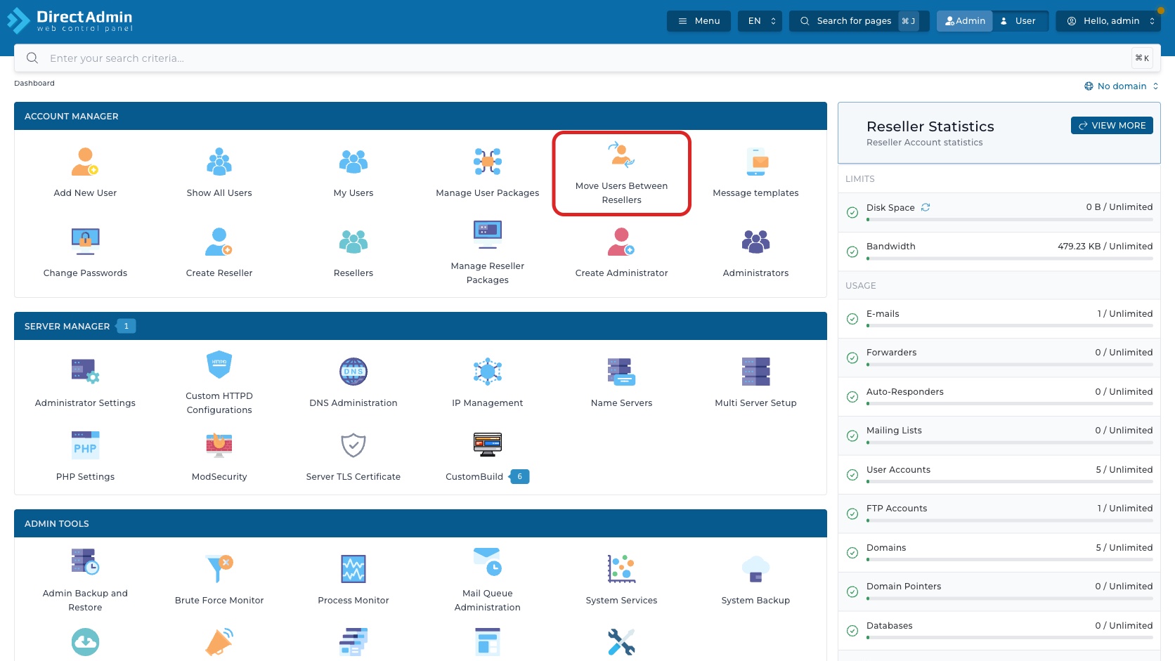 ภาพหน้าจอ DirectAdmin Admin Dashboard พร้อมกรอบสีแดงรอบเมนู Move Users Between Resellers สำหรับย้ายผู้ใช้ระหว่าง reseller