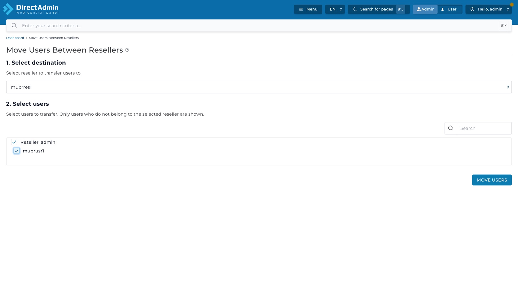 ภาพหน้าจอ Move Users Between Resellers หลังเลือก destination reseller และติ๊ก user checkbox จนปุ่ม Move Users เปิดใช้งาน