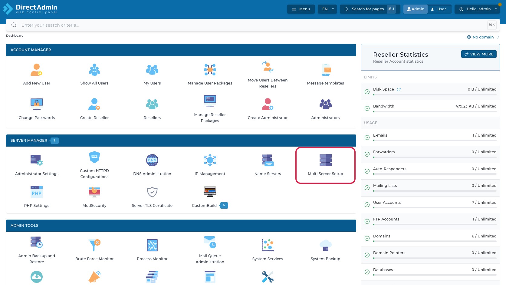 ภาพหน้าจอ DirectAdmin Admin Dashboard พร้อมกรอบสีแดงรอบเมนู Multi Server Setup ในกลุ่ม Server Manager
