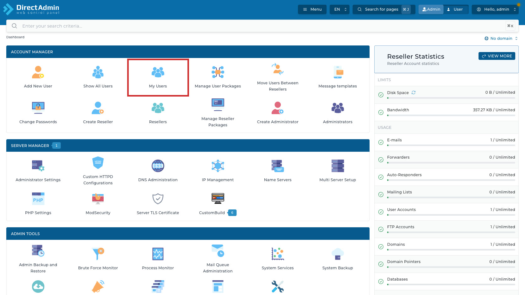 ภาพหน้าจอ DirectAdmin Admin Dashboard พร้อมกรอบสีแดงรอบเมนู My Users ในกลุ่ม Account Manager