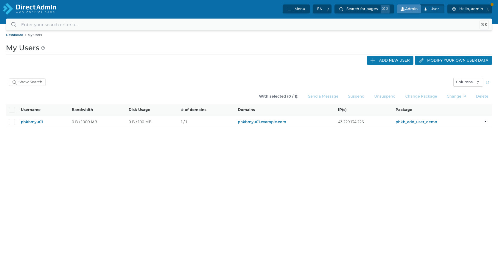 ภาพหน้าจอหน้า My Users ใน DirectAdmin แสดงตาราง Username Bandwidth Disk Usage จำนวนโดเมน Domains IP และ Package ของ user ทดสอบ