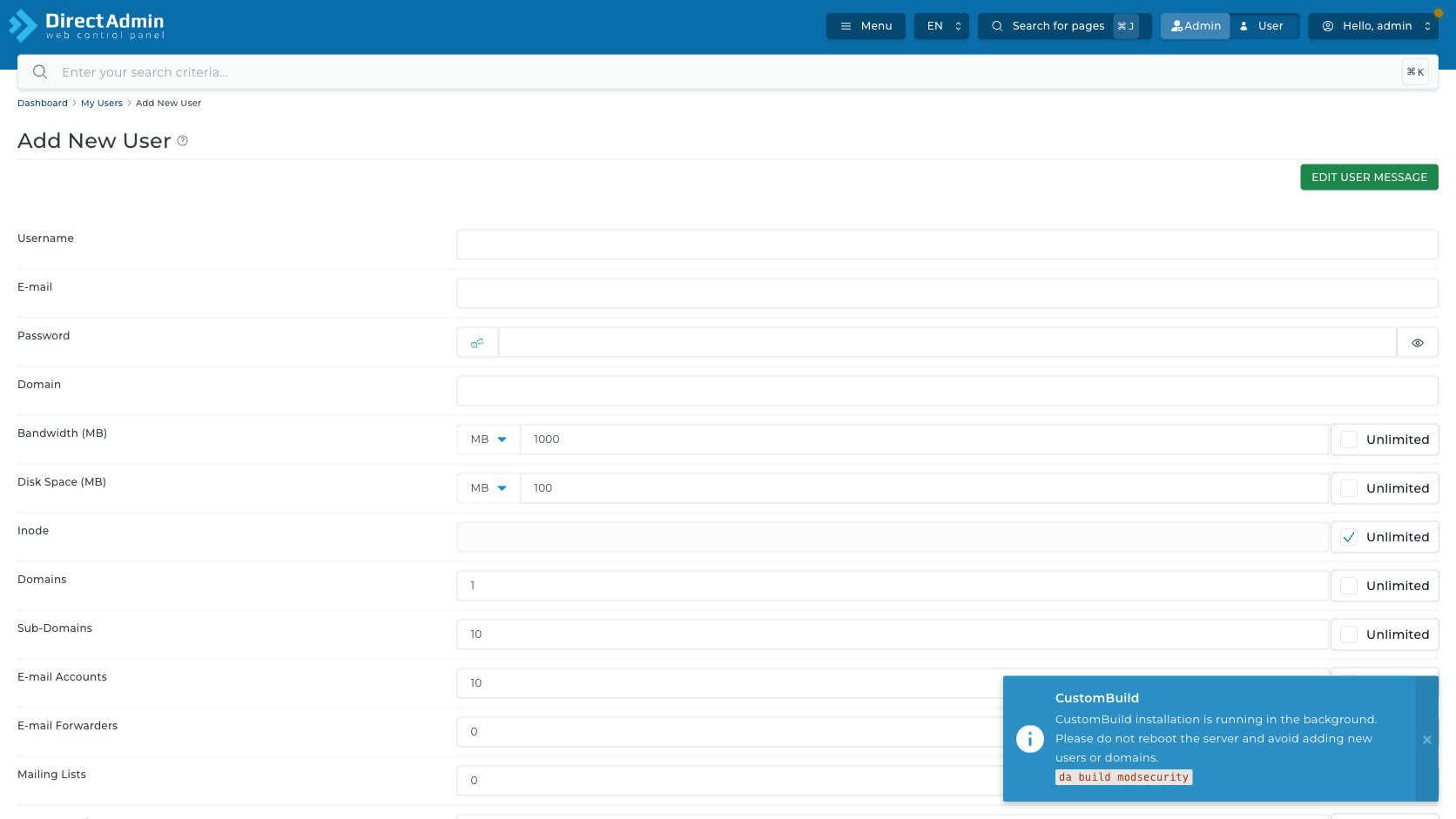 ภาพหน้าจอ Customize package ใน Add New User แสดงโควต้า Bandwidth Disk Space Inode Domains Sub-Domains E-mail Accounts และ checkbox Unlimited