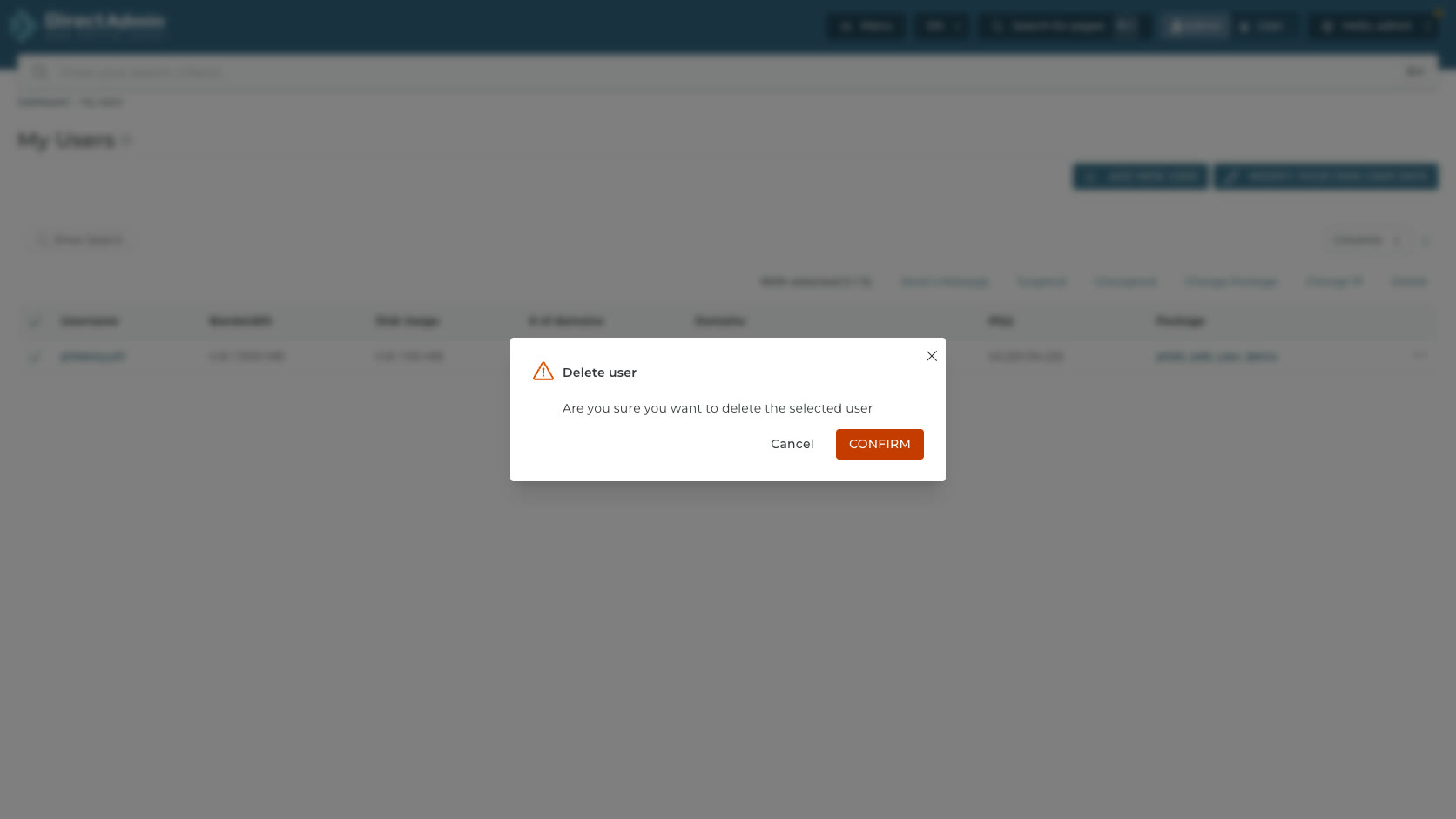 ภาพหน้าจอ Delete user confirmation ใน DirectAdmin My Users พร้อมข้อความ Are you sure you want to delete the selected user ปุ่ม Cancel และ Confirm