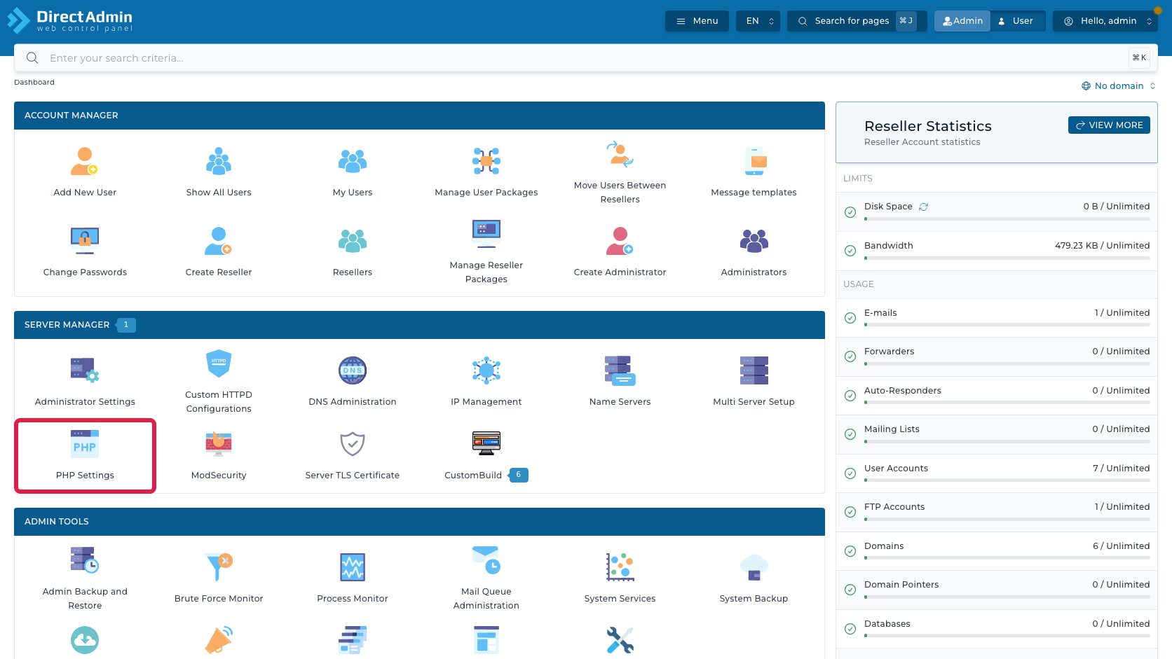 ภาพหน้าจอ DirectAdmin Admin Dashboard พร้อมกรอบสีแดงรอบเมนู PHP Settings ในกลุ่ม Server Manager