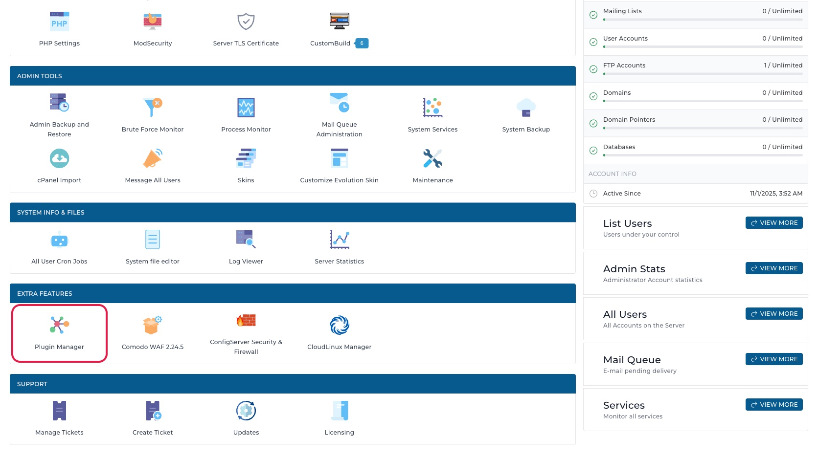 ภาพหน้าจอ DirectAdmin Admin Dashboard พร้อมกรอบสีแดงรอบเมนู Plugin Manager ในกลุ่ม Extra Features