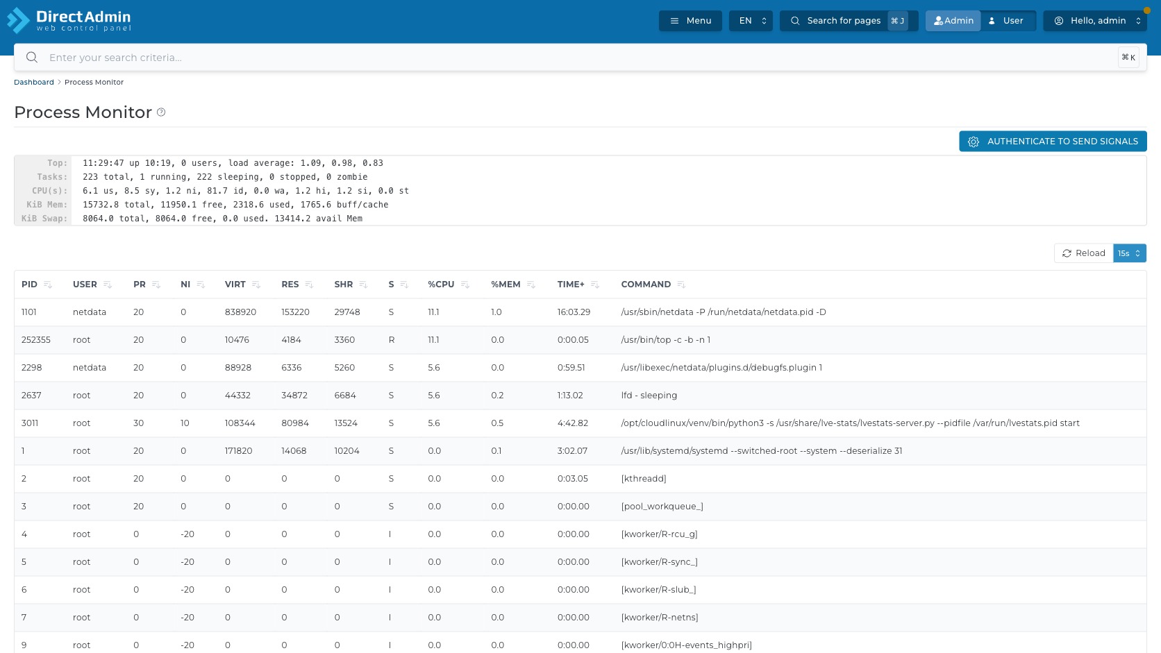 ภาพหน้าจอ Process Monitor ส่วน Top summary แสดง Top Tasks CPU KiB Mem และ KiB Swap
