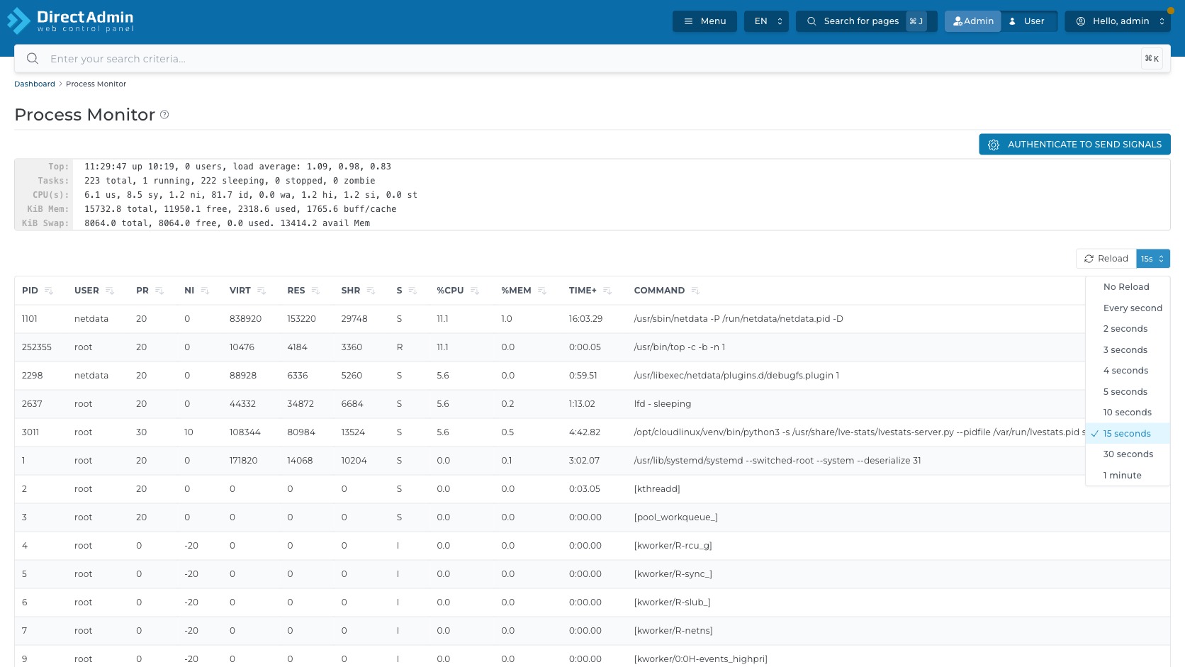 ภาพหน้าจอ Process Monitor หลังเปิด dropdown refresh interval แสดงปุ่ม Reload และตัวเลือก 5 seconds 15 seconds 30 seconds และ 1 minute