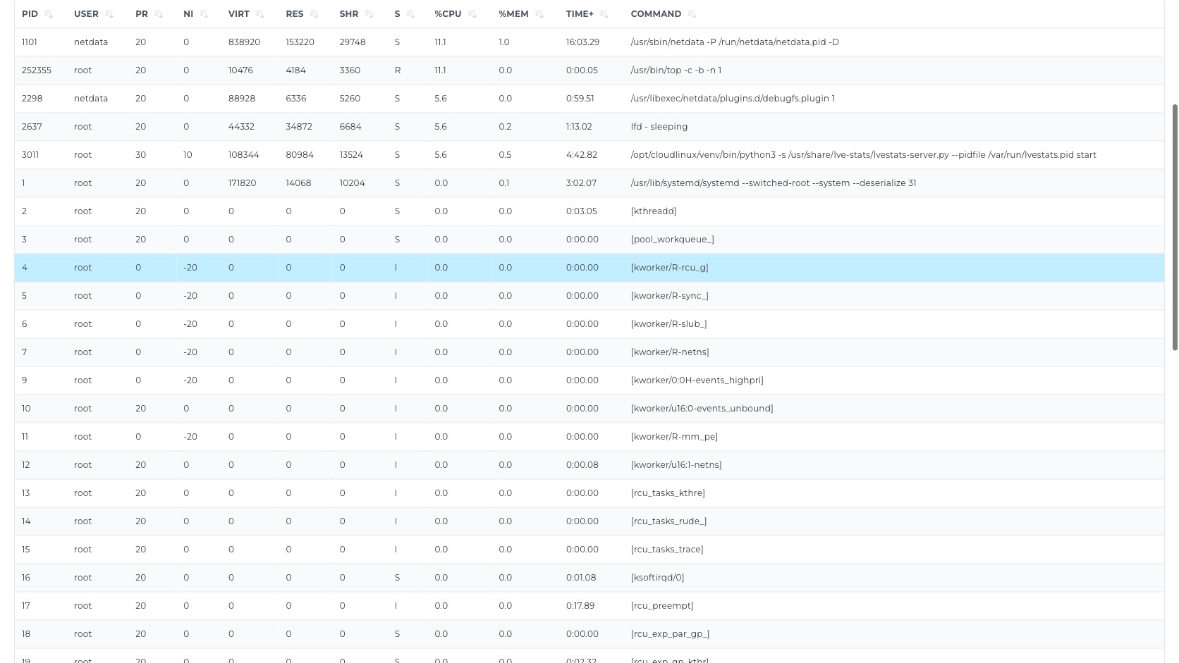 ภาพหน้าจอตาราง process ใน DirectAdmin แสดงคอลัมน์ PID USER PR NI VIRT RES SHR S CPU MEM TIME และ COMMAND