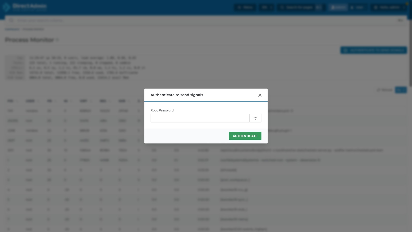 ภาพหน้าจอ dialog Authenticate to send signals ใน DirectAdmin Process Monitor แสดงช่อง Root Password ปุ่ม Show icon Close และ Authenticate