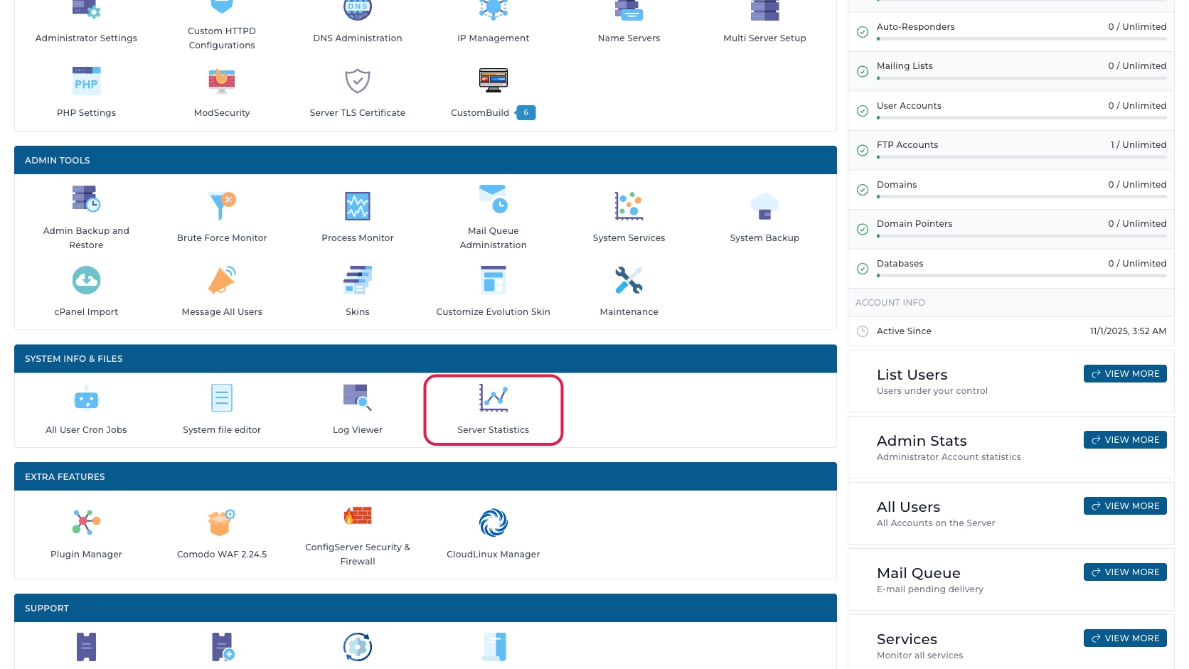 ภาพหน้าจอ DirectAdmin Admin Dashboard พร้อมกรอบสีแดงรอบเมนู Server Statistics ในกลุ่ม System Info & Files
