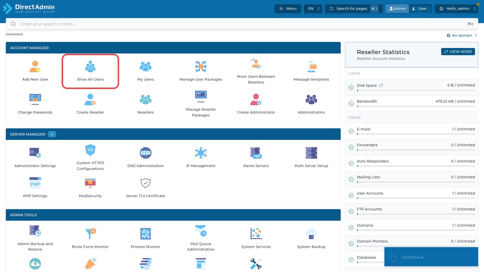 ภาพหน้าจอ DirectAdmin Dashboard พร้อมกรอบสีแดงรอบเมนู Show All Users สำหรับเข้าสู่หน้ารวมบัญชีผู้ใช้ทั้งหมด
